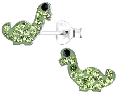 Joy|S - Zilveren dino oorbellen - 10 x 8 mm - dinosaurus - groen met groen kristal - kinderoorbellen