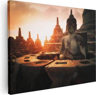 Artaza Canvas Schilderij Boeddha - 80x60 cm - Wanddecoratie Zonsondergang - Muurdecoratie Bali - Schilderijen Op Canvas