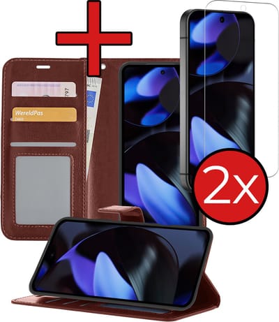 Hoesje - Met 2x Screenprotector - Geschikt voor Google Pixel 10 - Luxe Pasjeshouder - Flip Case - Bookcase Portemonee - Kunstleer Book Case - Flipcase Hoes - Book Cover - Walletcase - Portemonneehoes - Telefoonhoes - Bruin