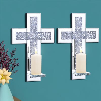 Kandelaar Set - Wanddecoratie - Sfeer Creëren - Kristal Decoratie - 15x10 Inch - Zilver