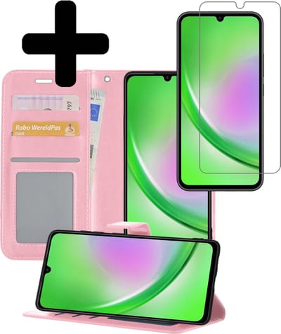 Hoesje - Met Screenprotector - Geschikt voor Samsung Galaxy A34 - Luxe Pasjeshouder - Bookcase Portemonee - Flip Case - Kunstleer Book Case - Flipcase - Book Cover - Walletcase - Portemonneehoes - Telefoonhoesjes - Lichtroze