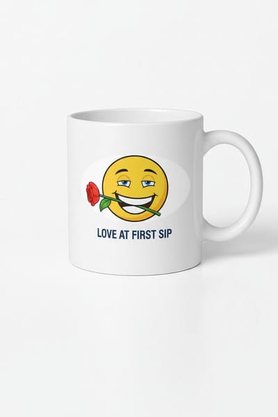 Romantische Mok "Love at First Sip" - Flirty Emoji met Roos | Uniek Liefdescadeau