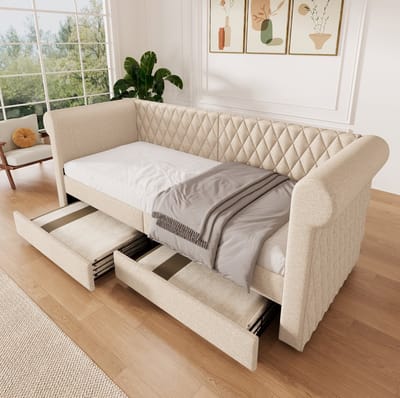 MEUNIQ slaapbank dagbed 90x200 cm met 2 opberglades, lattenbodem, gewatteerde rugleuning en armleuningen, beige, zonder matras