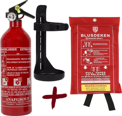 Brandblus set ABC – brandblusser 1 kg en blusdeken 100 x 100 cm – Met wandhouder en ophangoog - Brandblus box -Ook voor auto, boot, caravan of camper – Poederblusser en branddeken