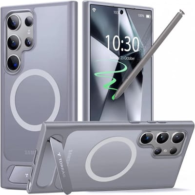 TORRAS Hoesje Geschikt voor Samsung Galaxy S24 Ultra - UPro Pstand - Compatibel met MagSafe - Uitklapbare Kickstand - Back Cover met Magneet - Grijs