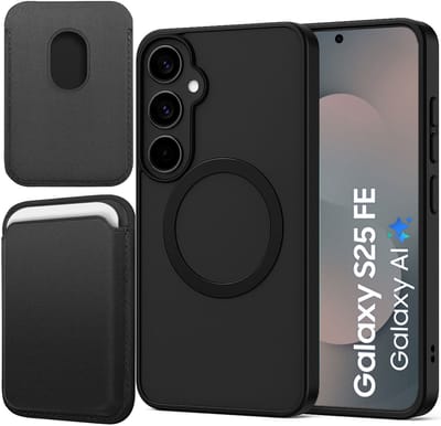 Hoesje + Pasjeshouder geschikt voor Samsung Galaxy S25 FE - Portemonnee geschikt voor MagSafe - Magnetisch - Pasjes Houder - Creditcardhouder - Zwart