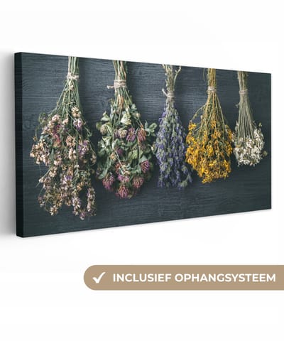 Canvas schilderij 40x20 cm - Wanddecoratie Droogbloemen - Bloemen - Boeket - Stilleven - Touw - Bundel - Muurdecoratie woonkamer - Slaapkamer decoratie - Kamer accessoires - Schilderijen op canvas