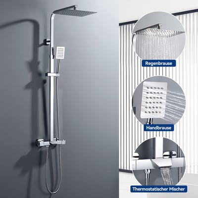 Auralum Max Regendouche Met Thermostaatkraan - 3 in 1 Doucheset - RVS - Regendoucheset - Waterkraan met Waterval - Verstelbare Hoogte 98-129 cm - Waterbesparend - Chroom