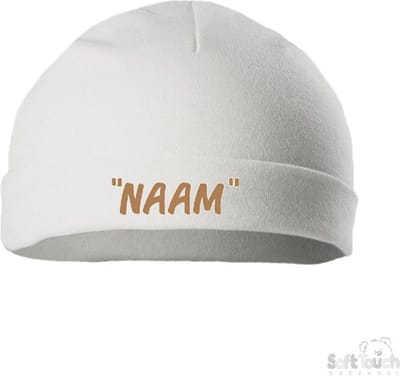 Soft Touch Mutsje Rolmutsje Bedrukt "Met Eigen Naam"Lettertype BONOCO Wit/Cappuccino Maat New Born Maat 56