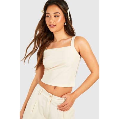 boohoo Dames Pinstripe Drape Shoulder Square Neck Top | Zand | Maat: 38