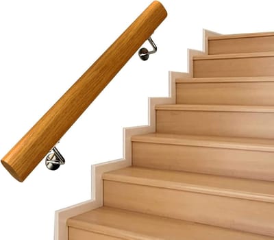 Houten Trapleuning 30 cm - Met 2 Roestvrijstalen Beugels - Antislip Wandleuning - Lange Houten Handgreep - 2 Bevestigingspunten - Geschikt voor Trap, Badkamer & Toilet