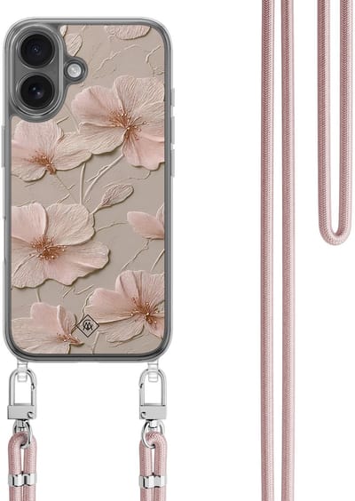 Casimoda® hoesje met rosegoud koord - Geschikt voor iPhone 17 - Soft Flowers - Afneembaar koord - TPU/polycarbonaat - Bruin/beige
