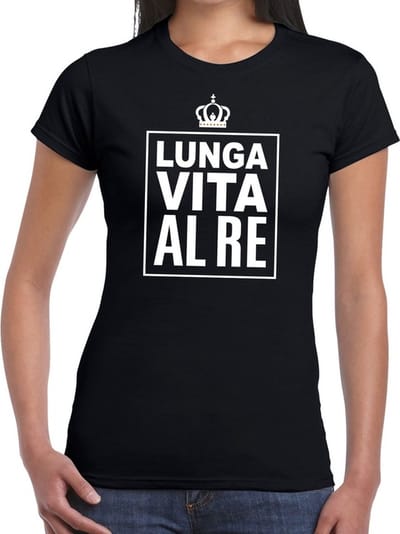 Zwart Lunga vita al Re Italiaanse tekst shirt dames - Oranje Koningsdag/ Holland supporter kleding XS