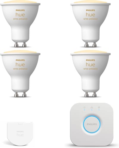 Philips Hue Starterspakket - GU10 - met 4 Spotjes - Warm tot Koelwit Licht - Incl. 1 Hue Bridge, 1 Hue Wall Switch - Hue White Ambiance