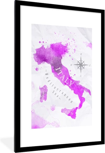 Poster in lijst - Fotolijst 80x120 cm - Posters - Wereldkaart - Roze - Italië - Posterlijst zwart - Decoratie - Wanddecoratie woonkamer - Muurdecoratie slaapkamer