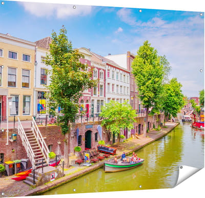 Gards Tuinposter Huisjes aan de Oudegracht in Utrecht - 150x120 cm - Tuindoek - Tuindecoratie - Wanddecoratie buiten - Tuinschilderij