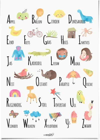 ABC Alfabet letters poster nederlands 30x40 cm waterverf - poster kinderkamer