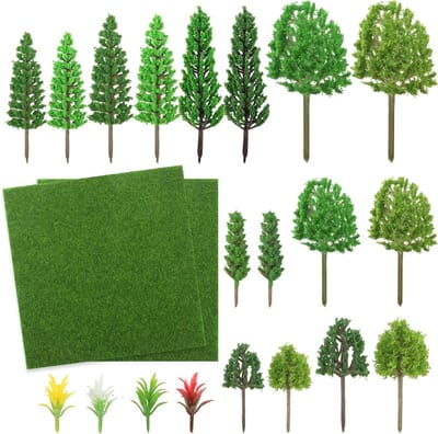 Set van 42 miniatuur modelbouw bomen en kunstgras voor knutselen en decoratie van miniatuurbossen, modelbouwaccessoires voor spoorweglandschap en diorama's
