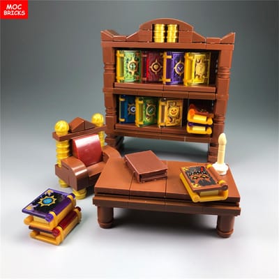 Kit MOC Briques DIY Marron Bureau classique & chaise et Bibliothèque Livre magique Blocs de construction Jouets idéal pour les enfants Cadeaux de Noël