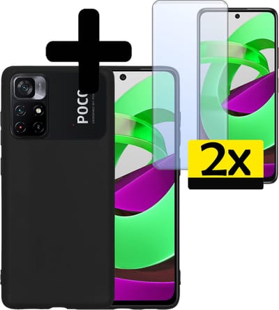 Hoesje - Met 2x Screenprotector - Geschikt voor Xiaomi Poco M4 Pro 5G - Sterk & Shockproof - Back Cover - Siliconen Case - Telefoon Hoes - Telefoonhoesjes - Zwart