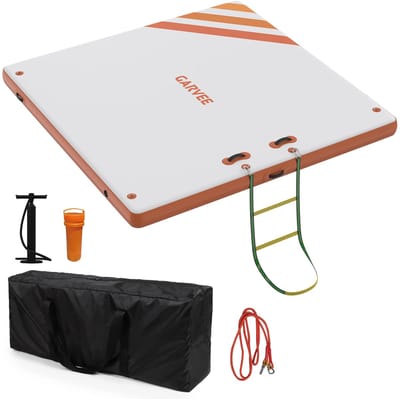 DIMICO - Opblaasbaar Zwemplatform - Drijvende Steiger - Water Eiland - Met Ladder - Antislip Floating Dock - Oranje - 180x150cm