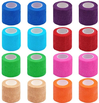 Set van 16 zelfklevende samenhangende verbanden, 5 cm x 4,5 m elastische voetbalsokband voor sport, EHBO-medische en dierenartsenwikkel, griptape（Gemengde Kleuren）
