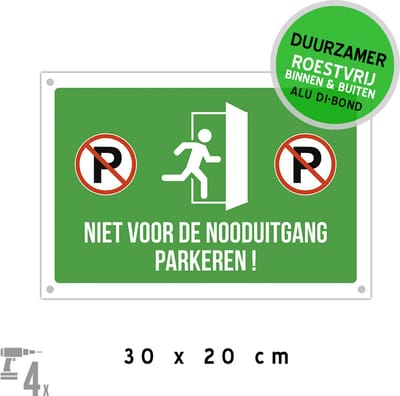 Pictogram/ bord Dibond + boorgaten | "Niet voor de nooduitgang parkeren!" | 30 x 20 cm | Brandweg | Vrijhouden | Brandweer | Noodsituatie | Noodgeval | Parkeerverbod | Bij brand | Groen | 1 stuk