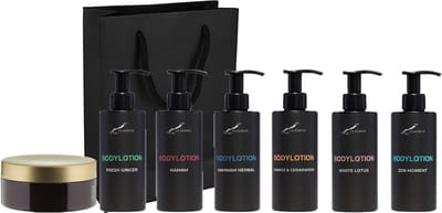 Bodylotion Set - Fresh Ginger + Hamam + Hammam Herbal + Sweet Orange & Cedarwood + White Lotus + Zen Moment en Scrubzout 300 gram - bodycare - met luxe gift tas - set van 7 stuks - Cadeau - giftset voor hem en haar