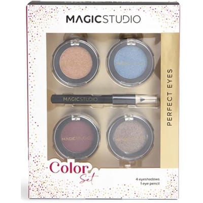 MAGIC STUDIO Set de maquillage yeux 5 pièces - 4 ombres à paupières pailletées + crayon eyeliner noir - Look parfait bleu