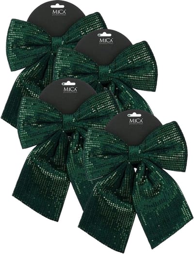 House of Seasons Kerst strik ornament - 4x - groen - 24 x 28 cm - polyester pailletten- kerststrik