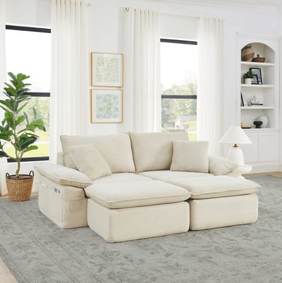 FloraGrace Slaapbank 210 x 97 x 83 cm - 2-Zits Modulaire Bodembank Met Voetenbank En Opbergtassen - Voor Woonkamer Of Kantoor - Stof - Beige