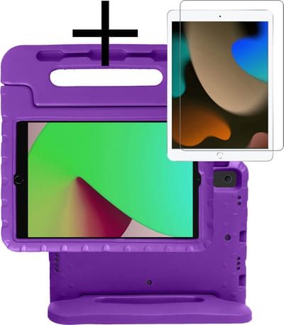 Hoes - Geschikt voor Apple iPad 8 (2020) - 10.2 inch - 8e Generatie - Met Screenprotector - Kinderhoes Shockproof Bumper - Kidsproof Case - Tablet Hoesje - Kinder Cover - Paars