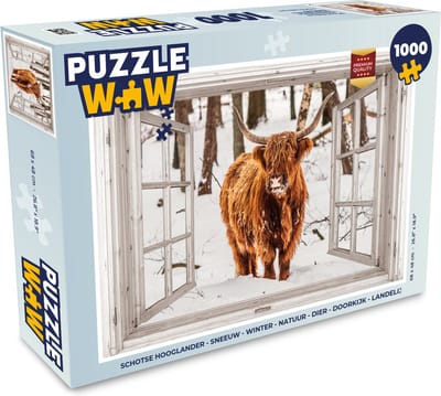 Puzzel Schotse Hooglander - Sneeuw - Winter - Natuur - Dier - Doorkijk - Landelijk - Legpuzzel - Puzzel 1000 stukjes volwassenen