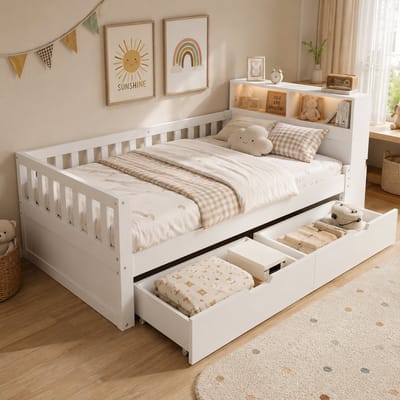 Eenpersoonsbed 90x200 cm - Opbergbed - Houten bed - Multifunctioneel bed - Met led-lichtstrip en Multifunctionele oplaadpoort - Met lades - Wit