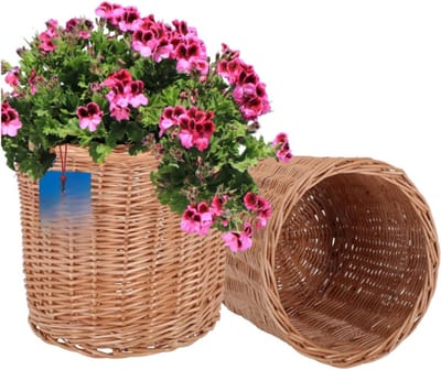 Set van 2 rieten plantenmanden, natuurlijke kleur, hoogte 23 cm, diameter 25 cm, decoratieve pot, wilgenmand, gevlochten plantenmanden, buitenmanden voor balkon, bloempot.