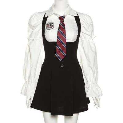 3-delige set Colorblock pofmouw 2-in-1 jurk met strik effen slim fit polo shirt met lange mouwen + modieuze jurk met halternek S zwart/wit