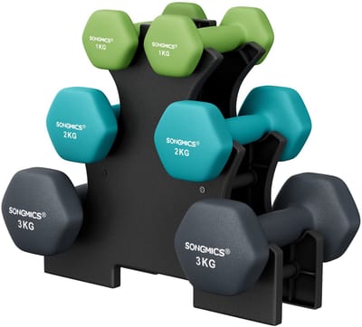 Archi Dumbbell Set 12 KG – Gewichten - Dumbells set - 6 Neopreen Hexagon Dumbbells met Opbergstandaard – Krachttraining voor Thuis