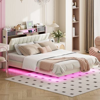 Sweiko 140x200cm Kussen bed met LED Verlichting en USB aansluiting, Hoofdeinde met opbergruimte, zwevend bed, jeugdbed, volwassen bed, beddengoed, Beige (Zonder matras)