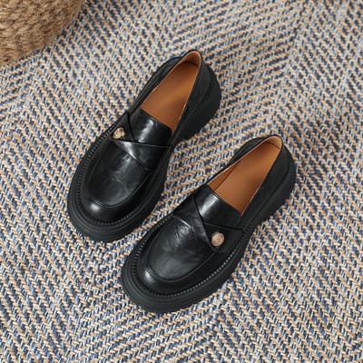 Gouden Penny Loafers voor Dames Lente Nieuwe Britse Stijl High-end Dikke Hak Leren Schoenen Zoete en Coole Camelia Enkelschoenen 40