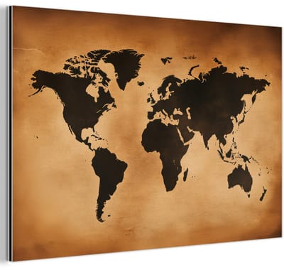 Aluminium schilderij 180x120 cm - Wanddecoratie metaal - Wereldkaart - Bruin - Kaart - Metalen muurdecoratie woonkamer - Decoratie industrieel - Foto op dibond - Industriële accessoires slaapkamer