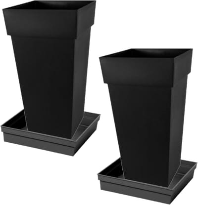 Set van 2x stuks bloempotten Toscane vierkant kunststof antraciet 43 x 43 x 80 cm inclusief onderschalen - Bloempot set