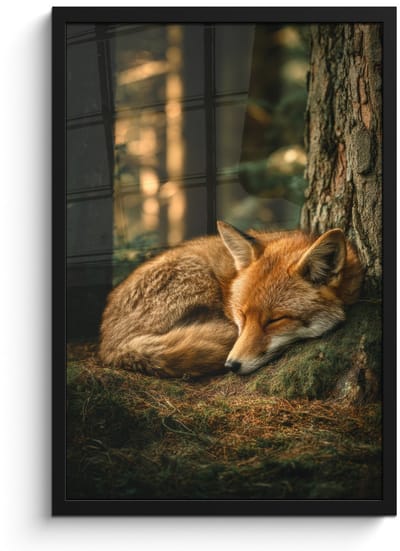 Poster in lijst - Fotolijst 40x60 cm - Posters - Vos - Bos - Slapen - Posterlijst zwart - Decoratie - Wanddecoratie woonkamer - Muurdecoratie slaapkamer