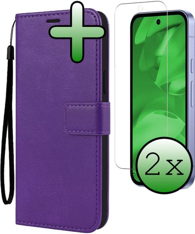 Hoesje Met 2x Screenprotector - Geschikt voor Google Pixel 9a - Luxe Pasjeshouder - Bookcase Portemonee - Flip Case - Kunstleer Book Case - Flipcase Hoes - Book Cover - Walletcase - Portemonneehoes - Paars