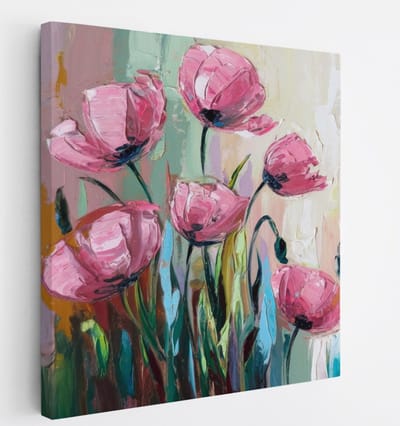Saammp Canvas Schilderij - Expressieve Roze Bloemen - Natuur - Abstract - 20x20 - Foto op canvas - Wanddecoratie - Muurdecoratie Woonkamer - Kantoor Decoratie