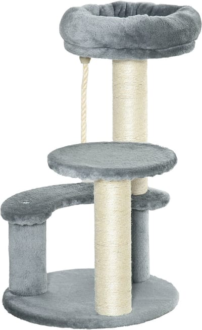 Killogood Kattenkrabpaal met 2 natuurlijke sisal krabvlakken - 3 platformen en klimtouw - Ø40 x 65 H cm - hoogwaardige pluche (500 g/m²) - grijs