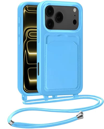 Hoesje Geschikt voor iPhone 17 Pro Telefoonhoesje Met Koord Case Pashouder Siliconen - Hoes Geschikt voor iPhone 17 Pro Hoesje Met Kaarthouder - Lichtblauw