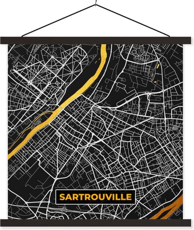 Posterhanger incl. Poster 60x60 cm - Schoolplaat - Plattegrond – Kaart – Stadskaart – Frankrijk – Sartrouville - Textielposter - Zwarte latten - Stadskaart