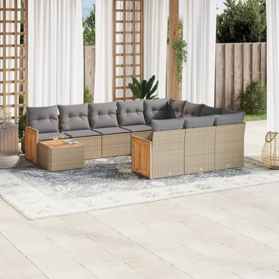vidaXL - 11-delige - Tuinset - met - kussens - poly - rattan - beige
