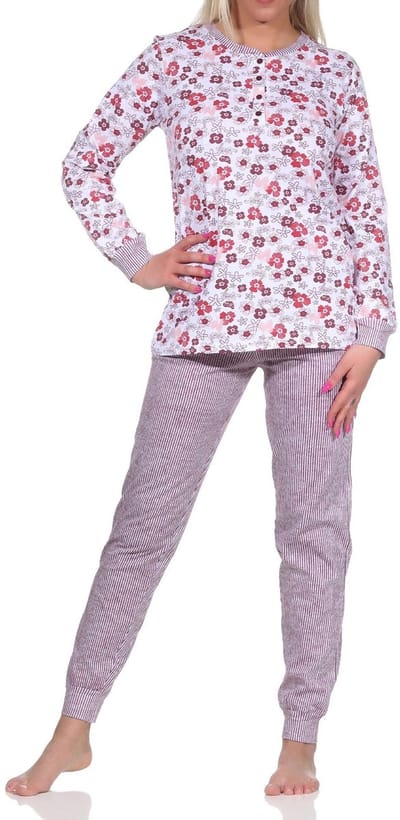 Damespyjama met lange mouwen en manchetten, pyjamabroek in fijne streepjeslook