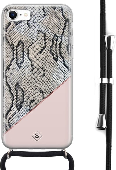 Casimoda® hoesje met koord - Geschikt voor iPhone 8 - Snake Print Roze - Afneembaar koord - Siliconen/TPU - Roze